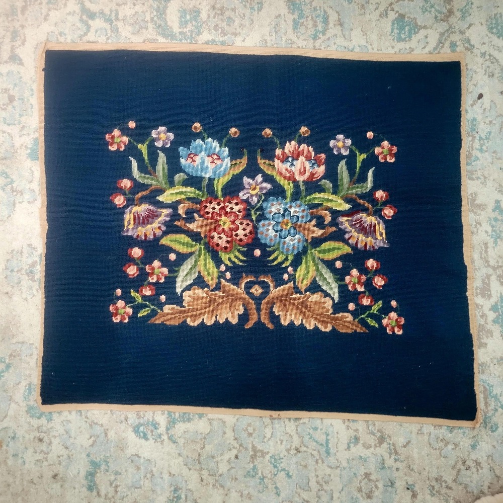 Completed Vintage Floral Wool Needlepoint Panel Blue /Pink Ottoman Wall Canvas